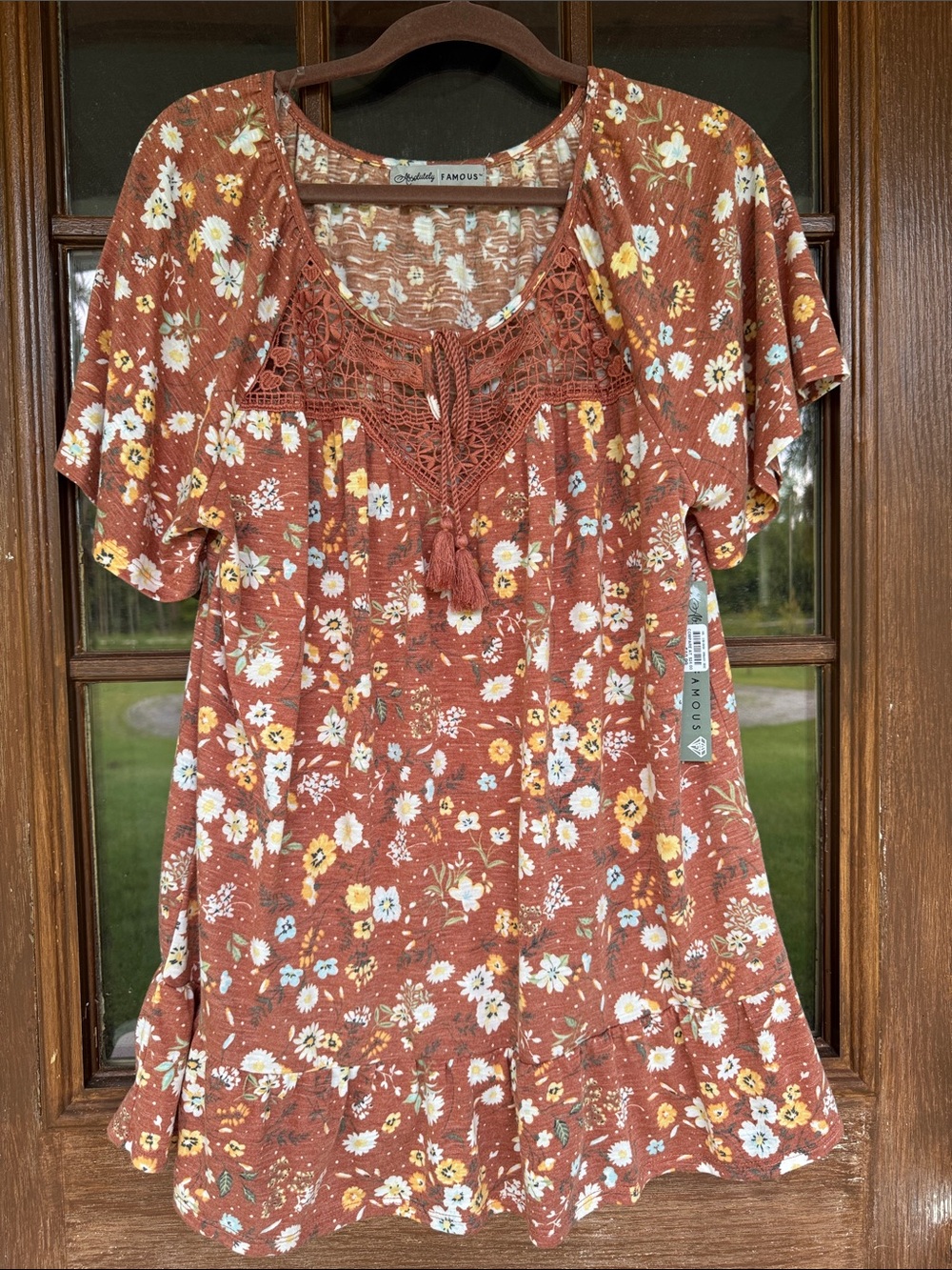 Absolutely Famous Rust Floral Crochet-Yoke Tunic with Tassel